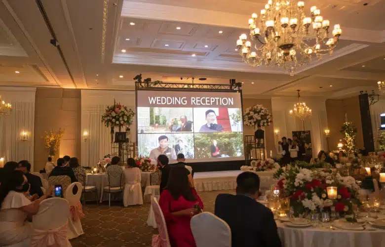 Un mariage en salle avec un écran géant diffusant un message vidéo des proches, ambiance chaleureuse et émotive.